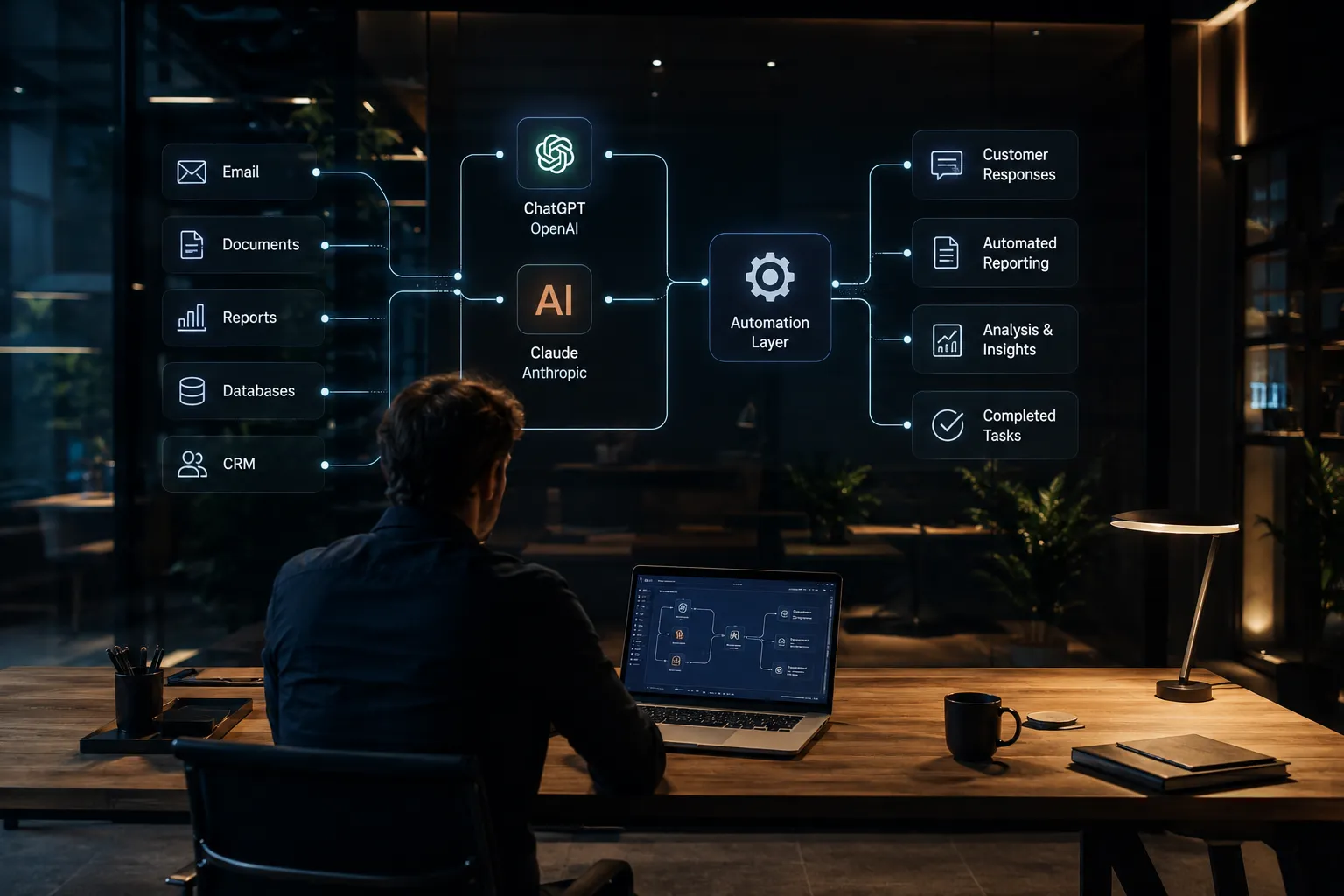 Ecosistema de automatización con IA: correos, documentos, reportes y bases de datos conectados a ChatGPT y Claude, con una capa de automatización que produce respuestas, reportes y análisis.