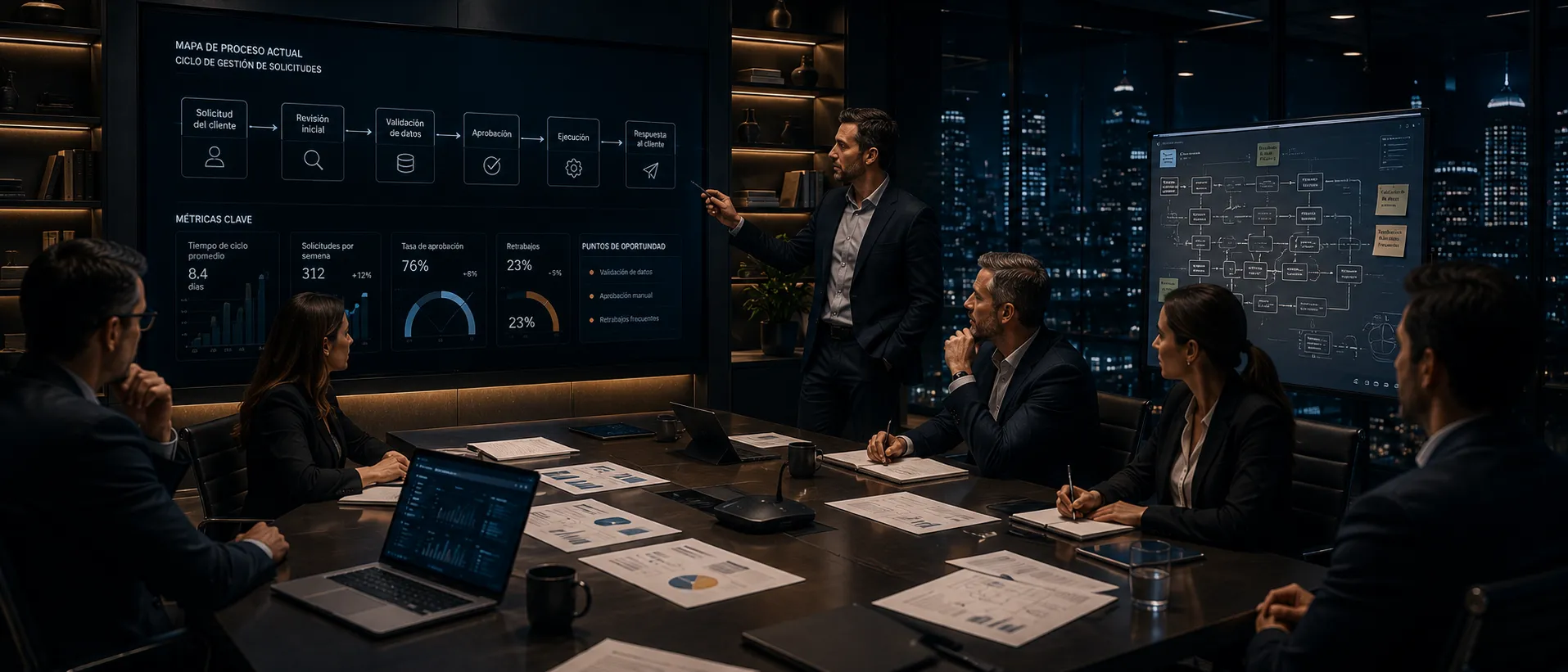 Consultor presentando el mapa de un proceso actual, con métricas clave y puntos de oportunidad, a un equipo directivo.