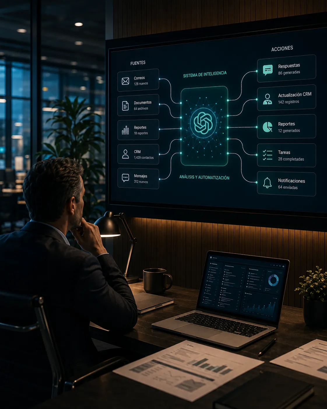 Directivo frente a una pantalla donde ChatGPT conecta correos, documentos, reportes y CRM con respuestas, actualizaciones de CRM, reportes y tareas completadas.