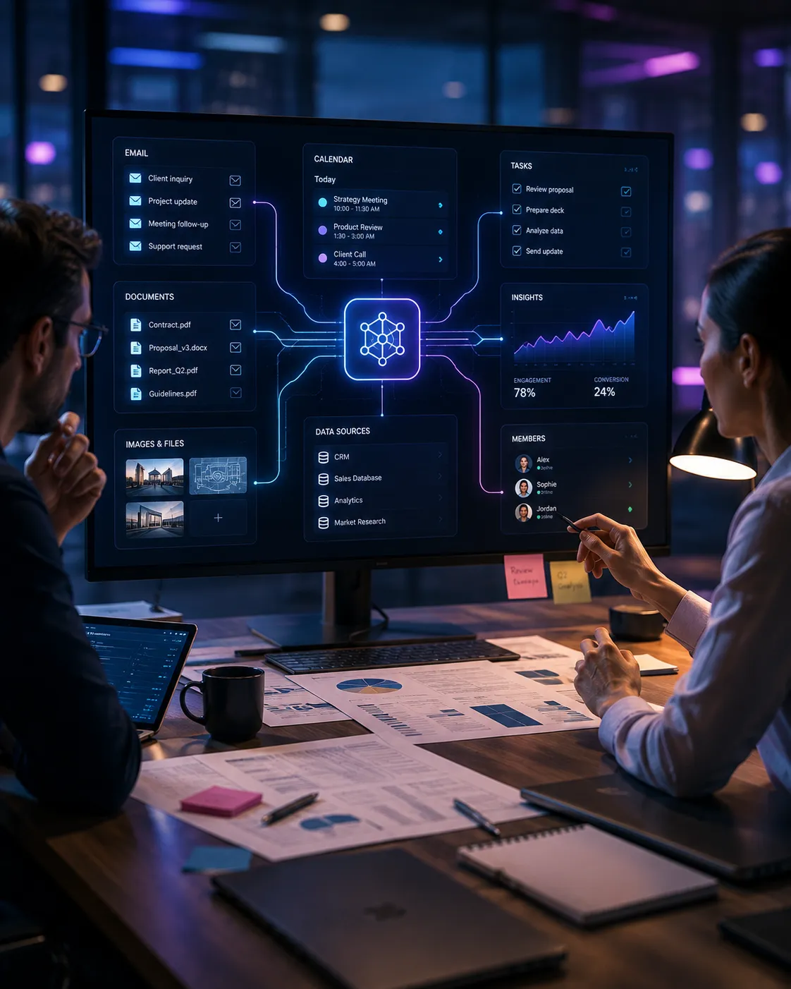 Dos colaboradores frente a una pantalla que conecta correo, calendario, tareas, datos e imágenes en un panel central impulsado por Gemini.